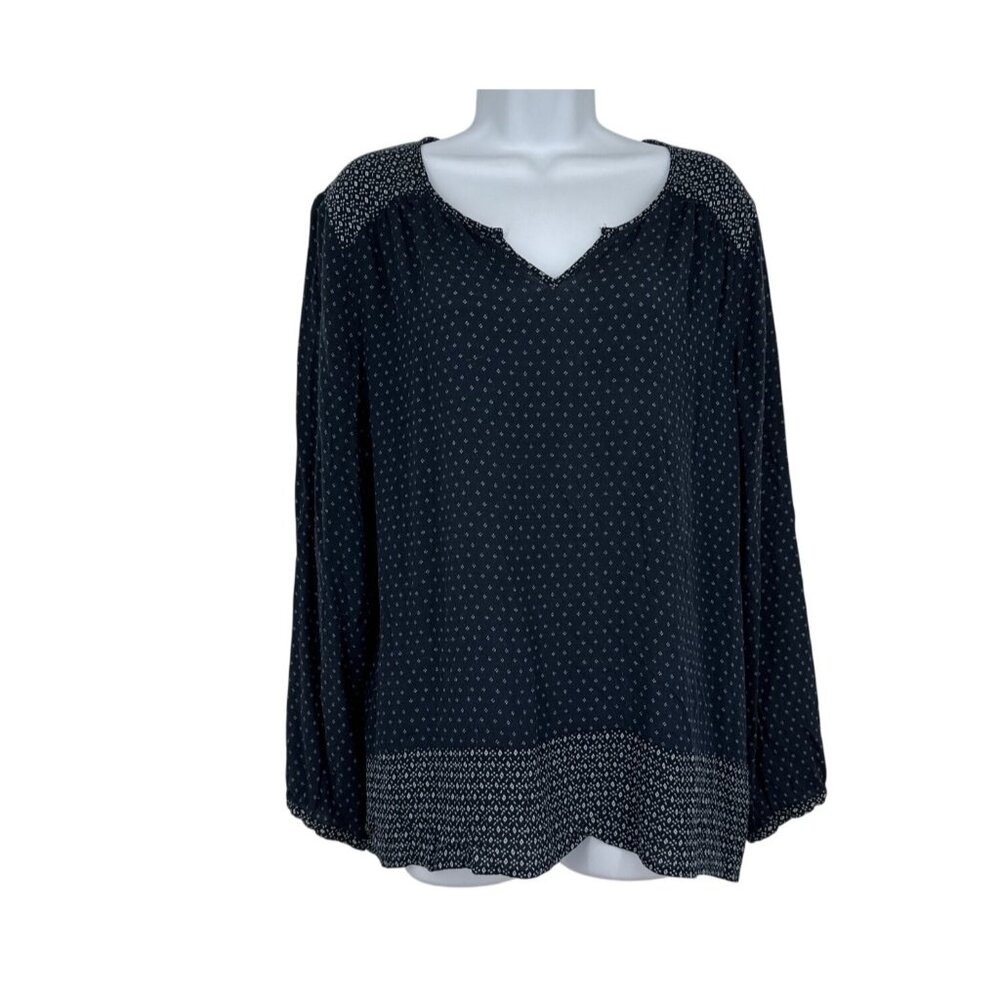 J Jill V-Neck Long Sleeve Navy Batik Print Button Cuff Pullover Blouse Size XL